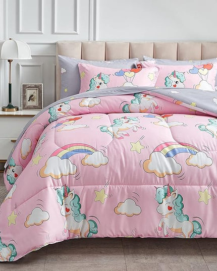UOZZI BEDDING Kids Girls Bed in a Bag 6 Pieces Twin Size Unicorn Pink Colorful Comforter Set - (1 Soft Microfiber, Reversible Comforter, 2 Pillow Shams, 1 Flat Sheet, 1 Fitted Sheet, 1 Pillowcases) - LeafyLoom