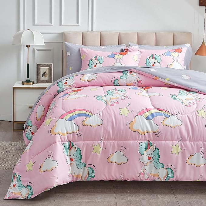 UOZZI BEDDING Kids Girls Bed in a Bag 6 Pieces Twin Size Unicorn Pink Colorful Comforter Set - (1 Soft Microfiber, Reversible Comforter, 2 Pillow Shams, 1 Flat Sheet, 1 Fitted Sheet, 1 Pillowcases) - LeafyLoom