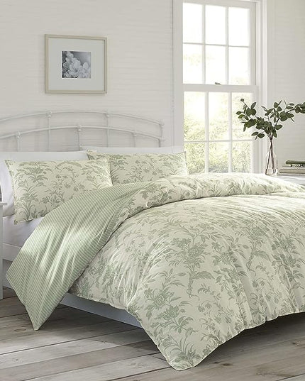 Laura Ashley - Queen Comforter Set, Reversible Cotton Bedding, Includes Matching Shams with Bonus Euro Shams & Throw Pillows (Natalie Sage/Off White, Queen) - LeafyLoom