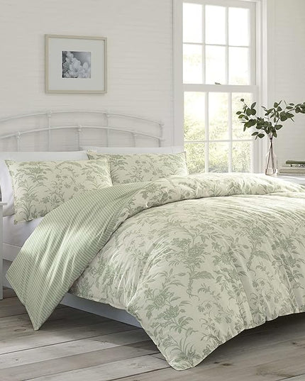 Laura Ashley Home - Twin Size Comforter Set, Reversible Cotton Bedding, Includes Matching Sham with Bonus Euro Sham & Throw Pillows (Natalie Sage/Off White, Twin) - LeafyLoom
