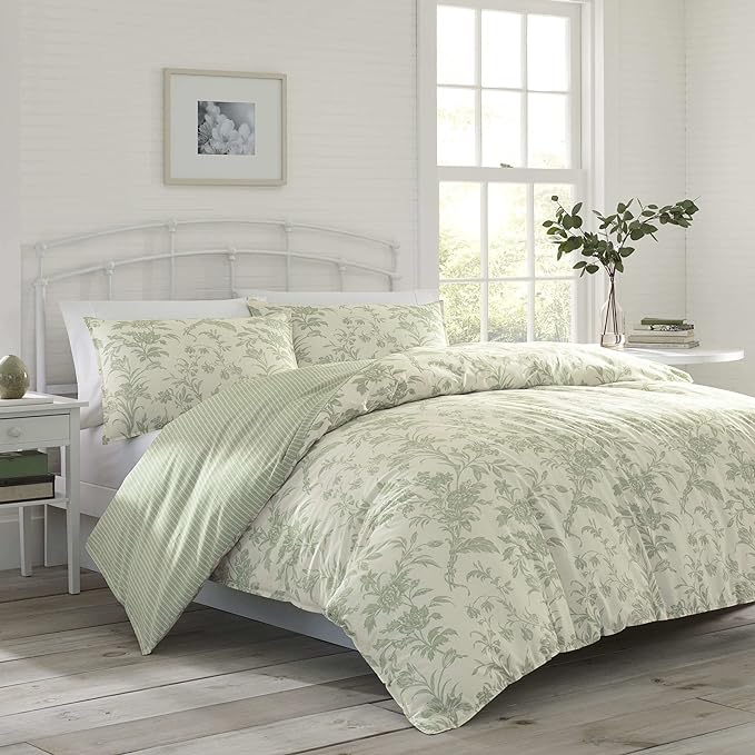 Laura Ashley Home - Twin Size Comforter Set, Reversible Cotton Bedding, Includes Matching Sham with Bonus Euro Sham & Throw Pillows (Natalie Sage/Off White, Twin) - LeafyLoom