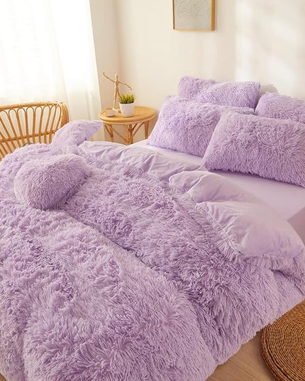 FOPPA Lilac fluffy Comforter Cover Set king- Ultra Soft fluffy lilac Bedding Sets 3 Pieces (1 Duvet Cover + 2 Pillow case) pink fluffy bed set (Lilac, King) - LeafyLoom