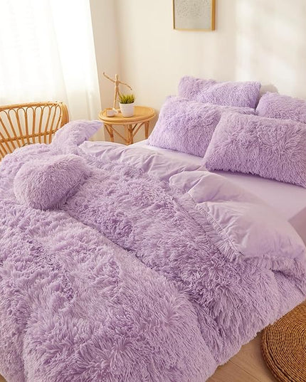 Fluffy Lilac comforters Cover twin size - Ultra Soft Plush Lilac bedding Sets 2 Pieces (1 faux fur comforter Cover + 1 fuzzy pillow case) girls shaggy Lilac twin bed set (Lilac, Twin) - LeafyLoom