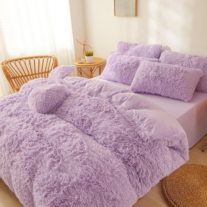 Fluffy Lilac comforters Cover twin size - Ultra Soft Plush Lilac bedding Sets 2 Pieces (1 faux fur comforter Cover + 1 fuzzy pillow case) girls shaggy Lilac twin bed set (Lilac, Twin) - LeafyLoom