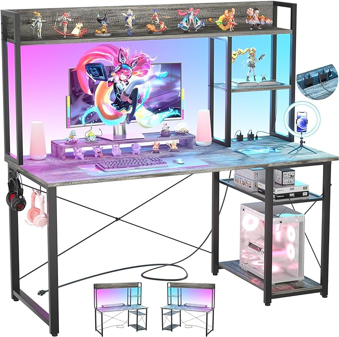 Cyclysio Gaming Desk with Hutch, 47'' Computer Desk with LED Lights & Power Outlets, Home Office Desk with Reversible 5 Tiers Storage Shelves & Monitor Stand, Small Gaming Table for Small Space, Grey - LeafyLoom