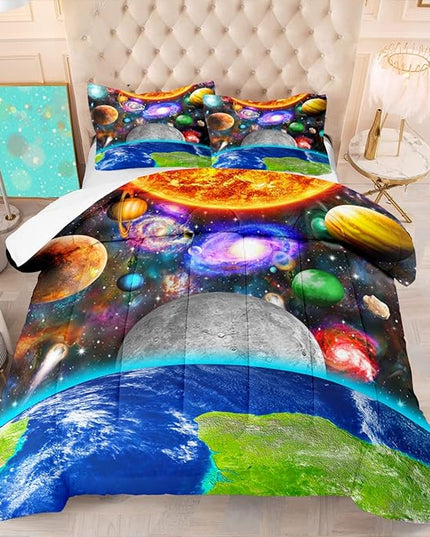 Space Comforter Set Queen Size Planet Universe Bedding Set Queen Solar System Galaxy Bed Comforter Sets Outer Space Home Decor for Boys Bedroom Earth Quilt Set with 1 Comforter 2 Pillowcases - LeafyLoom