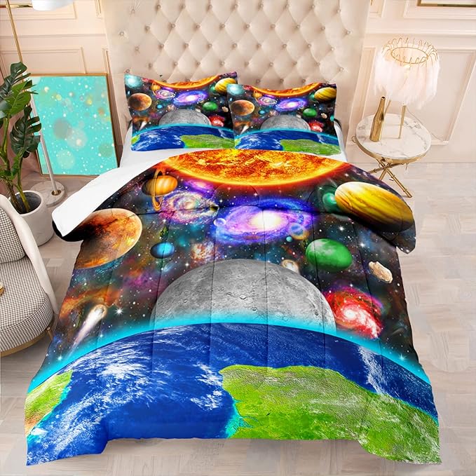 Space Comforter Set Queen Size Planet Universe Bedding Set Queen Solar System Galaxy Bed Comforter Sets Outer Space Home Decor for Boys Bedroom Earth Quilt Set with 1 Comforter 2 Pillowcases - LeafyLoom