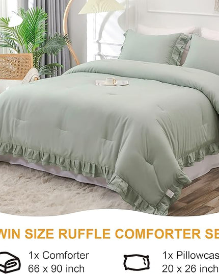 Sage Green Double Ruffle Comforter Set Twin Size (66x90 Inch), 2 Pcs Farmhouse Vintage Comforter Set (1 Ruffled Comforter and 1 Pillowcase), Rustic All Season Down Alternative Bedding Set - LeafyLoom