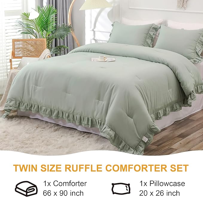 Sage Green Double Ruffle Comforter Set Twin Size (66x90 Inch), 2 Pcs Farmhouse Vintage Comforter Set (1 Ruffled Comforter and 1 Pillowcase), Rustic All Season Down Alternative Bedding Set - LeafyLoom