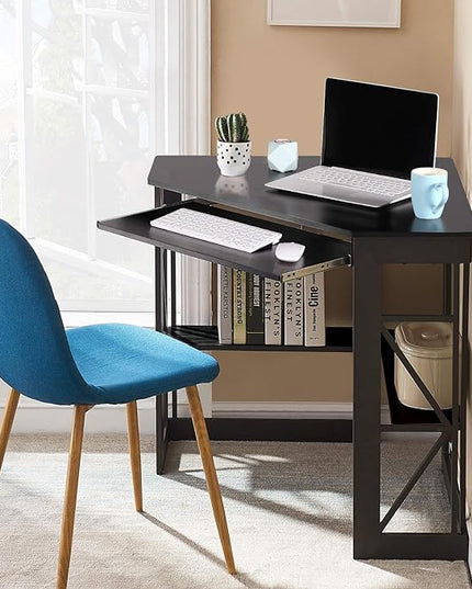 VECELO Corner Computer Desk 41 x 30 inches with Smooth Keyboard & Storage Shelves for Home Office Workstation, Black - LeafyLoom