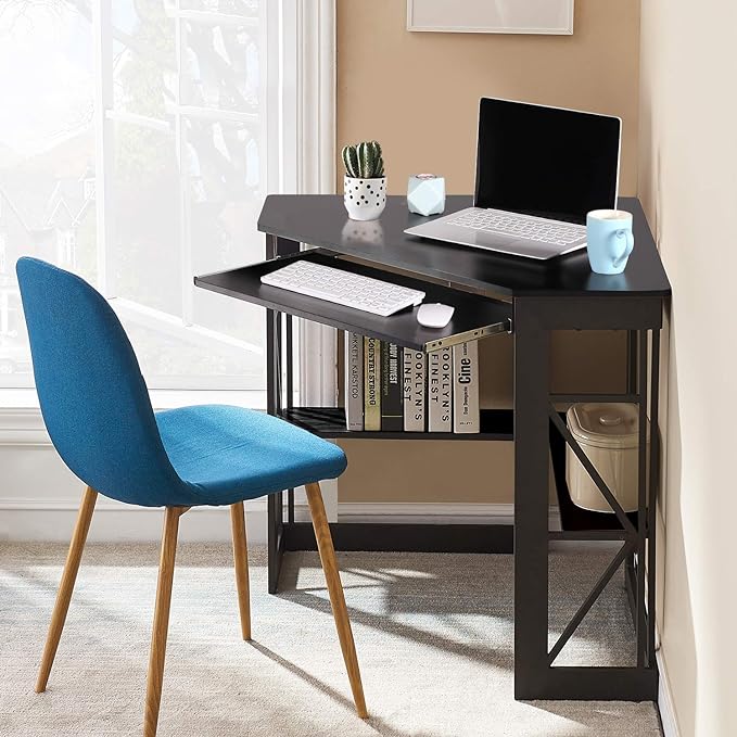 VECELO Corner Computer Desk 41 x 30 inches with Smooth Keyboard & Storage Shelves for Home Office Workstation, Black - LeafyLoom