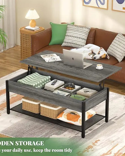 Homieasy Lift Top Coffee Table with Storage Shelf and Hidden Compartment, Modern Lift Top Table for Living Room, Wood Lift Tabletop, Metal Frame - Black Oak - LeafyLoom