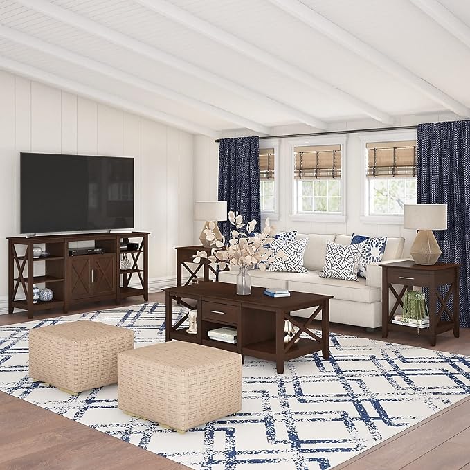 Bush Furniture Key West Tall Stand for 65 Inch TV, Farmhouse Entertainment Center with Storage, Bing Cherry - LeafyLoom