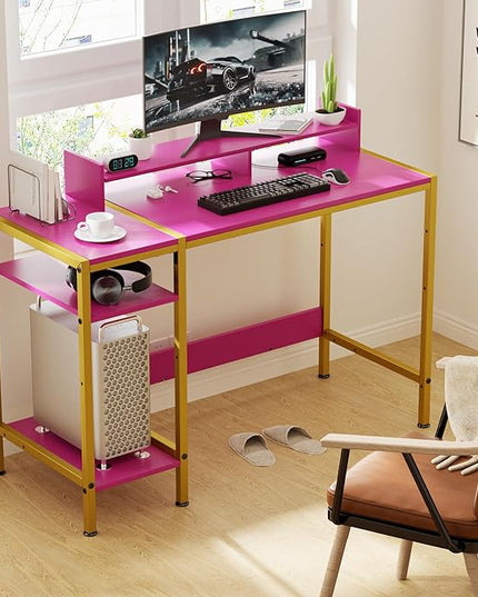 Computer Gaming Desk - 47" Home Office Desk with Storage, Writing Desk with Monitor Stand, Modern Simple Study Corner Table, Adjustable Storage Space, Pink - LeafyLoom