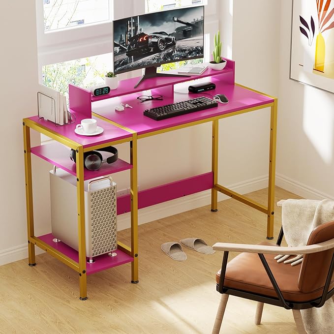 Computer Gaming Desk - 47" Home Office Desk with Storage, Writing Desk with Monitor Stand, Modern Simple Study Corner Table, Adjustable Storage Space, Pink - LeafyLoom