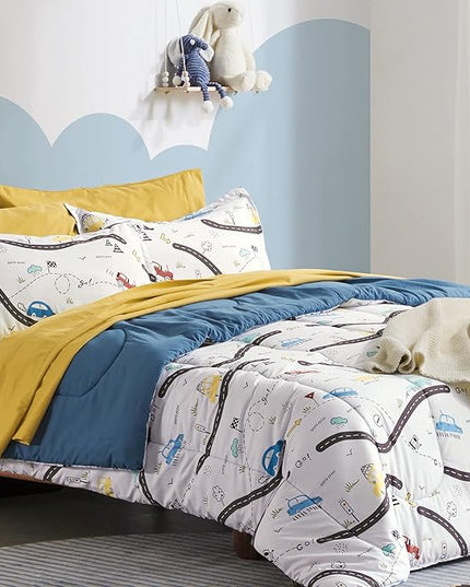 SLEEP ZONE Kids Bedding Twin Comforter Set - Cute Printed for Boys, Girls, Teens, Super Soft, Fade Resistant, Car Road, Twin - LeafyLoom