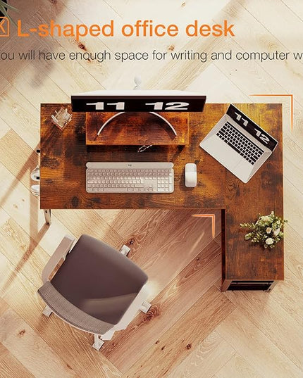 ODK 40 Inch Small L Shaped Computer Desk with Reversible Storage Shelves, Corner Desk with Monitor Stand for Small Space, Modern Simple Writing Study Table for Home Office, Rustic Brown - LeafyLoom