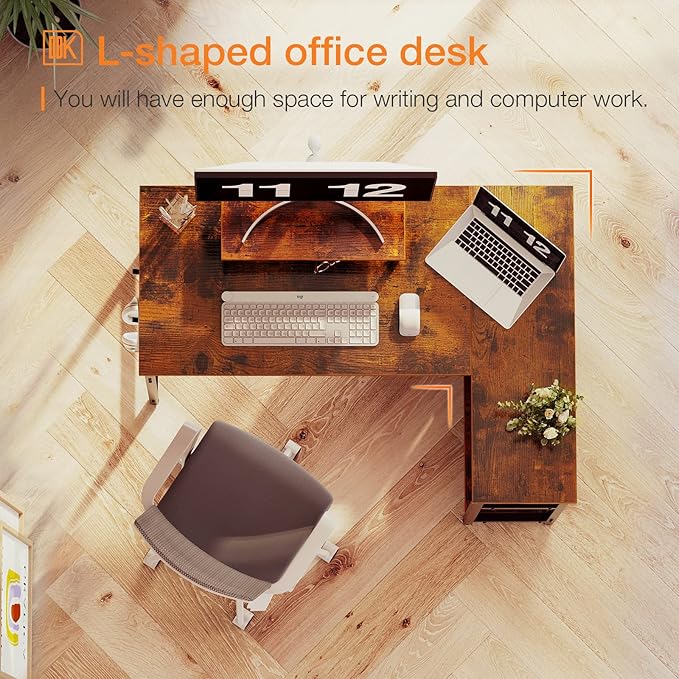 ODK 40 Inch Small L Shaped Computer Desk with Reversible Storage Shelves, Corner Desk with Monitor Stand for Small Space, Modern Simple Writing Study Table for Home Office, Rustic Brown - LeafyLoom