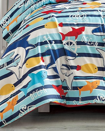 for Kids Ocean Life 4-Piece Comforter Set - Beautiful Motif Design Bedding Set with Embrodery Print - LeafyLoom