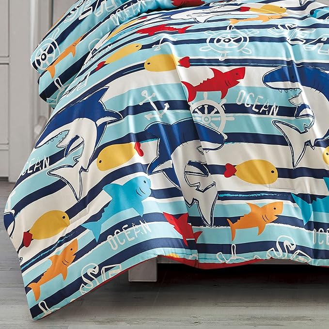 for Kids Ocean Life 4-Piece Comforter Set - Beautiful Motif Design Bedding Set with Embrodery Print - LeafyLoom