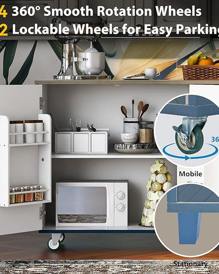 Kitchen Island with Storage, Rolling Table on Wheels w/Drop Leaf, Internal Storage Rack and Towel Rack for Dinning Room - LeafyLoom