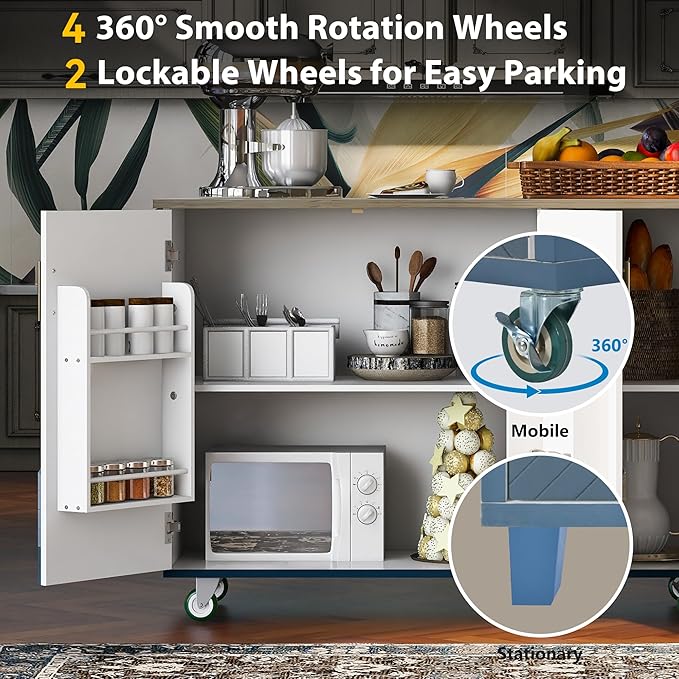 Kitchen Island with Storage, Rolling Table on Wheels w/Drop Leaf, Internal Storage Rack and Towel Rack for Dinning Room - LeafyLoom