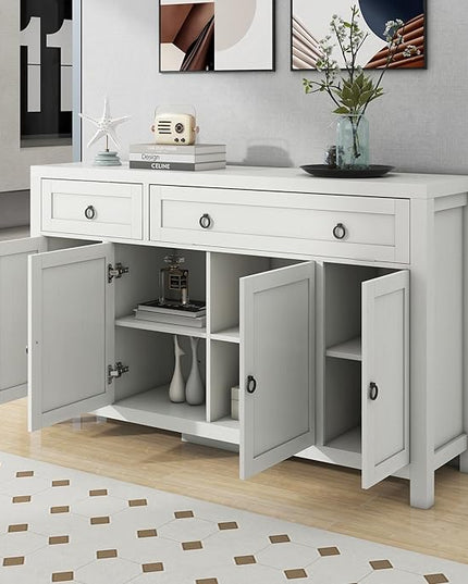 59.1" Retro Style Large Storage Space Sideboard with Flip Door and 1 Drawer,Multifunctional Buffet, w/ 4 Height-Adjustable Cabinets,for Dining, Living Room,Antique White - LeafyLoom