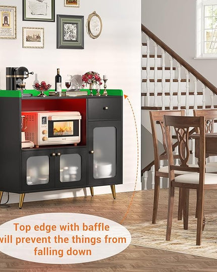 Cyclysio Sideboard Buffet Cabinet with Power Outlet, Kitchen Cabinet with LED Lights, Large Bar Cart Accent Buffet Cabinet with Door for Bedroom, Living Room, Kitchen, Hallway, Black - LeafyLoom