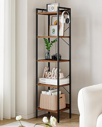 Bookshelf, Book Shelf, Industrial Bookcase with 2 Hooks, Coner Shelf Storage Organizer for Home Office, Living Room, Bedroom, Kitchen, 5-Tier Rustic Brown BC10501B - LeafyLoom