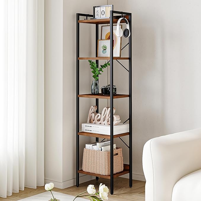 Bookshelf, Book Shelf, Industrial Bookcase with 2 Hooks, Coner Shelf Storage Organizer for Home Office, Living Room, Bedroom, Kitchen, 5-Tier Rustic Brown BC10501B - LeafyLoom