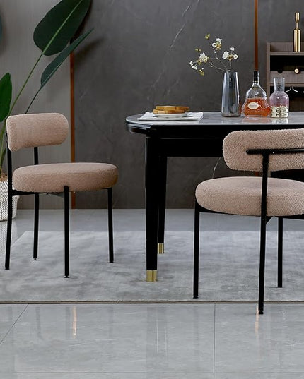Light Brown Dining Chairs Set of 2 Round Upholstered Boucle Dining Room Chairs Mid-Century Modern Kitchen Chairs Curved Backrest Chairs for Dining Room Black Metal Legs - LeafyLoom