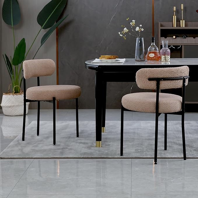 Light Brown Dining Chairs Set of 2 Round Upholstered Boucle Dining Room Chairs Mid-Century Modern Kitchen Chairs Curved Backrest Chairs for Dining Room Black Metal Legs - LeafyLoom
