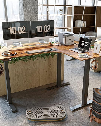FEZIBO Triple Motor 63" L Shaped Standing Desk, Electric Standing Gaming Desk Adjustable Height, Corner Stand up Desk with Splice Board, Black Frame/Rustic Brown Top - LeafyLoom