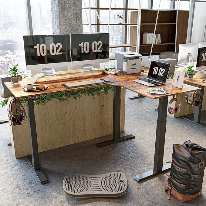 FEZIBO Triple Motor 63" L Shaped Standing Desk, Electric Standing Gaming Desk Adjustable Height, Corner Stand up Desk with Splice Board, Black Frame/Rustic Brown Top - LeafyLoom
