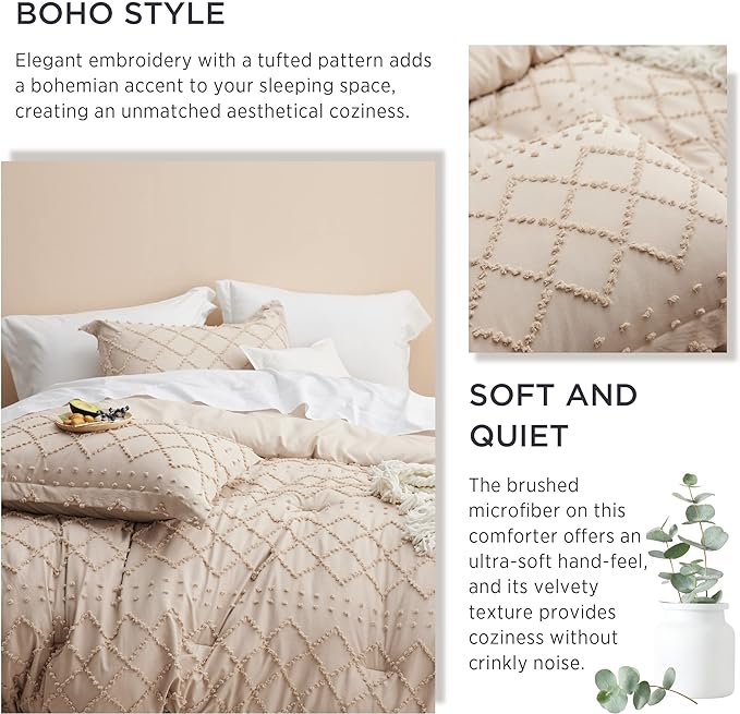 Bedsure Queen Comforter Set - Warm Tan Boho Tufted Shabby Chic Bedding Comforter Set, 3 Pieces Vintage Farmhouse Bed Set for All Seasons, Fluffy Soft Bedding Set with 2 Pillow Shams - LeafyLoom