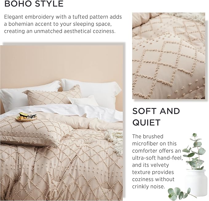 Bedsure California King Comforter Set - Warm Tan Boho Tufted Shabby Chic Bedding Comforter Set, 3 Pieces Vintage Farmhouse Bed Set for All Seasons, Fluffy Soft Bedding Set with 2 Pillow Shams - LeafyLoom