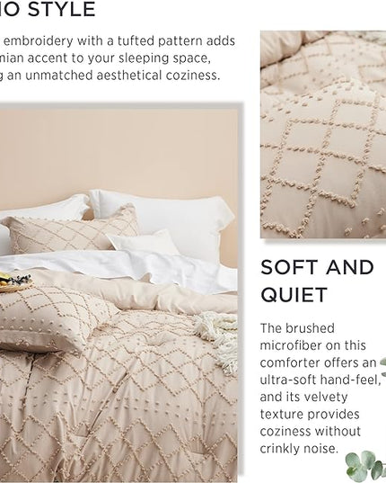 Bedsure King Size Comforter Set - Warm Tan Boho Tufted Shabby Chic Bedding Comforter Set, 3 Pieces Vintage Farmhouse Bed Set for All Seasons, Fluffy Soft Bedding Set with 2 Pillow Shams - LeafyLoom