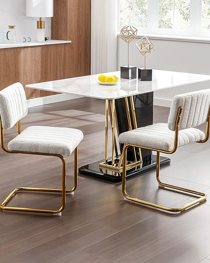 ONEVOG Cozy Boucle Dining Chair Set of 2, Upholstered White Dining Room Chairs with Gold Legs, Famous Cantilevered Design Comfort Dinner Chairs, Sturdy Stainless Chrome Base - LeafyLoom