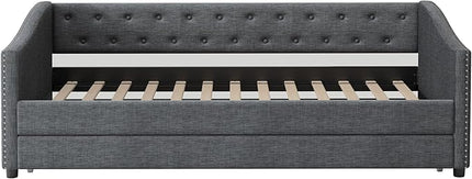 Twin Size Daybed with Trundle, Upholstered Tufted Sofa Bed with Button on Back and Piping on Waved Shape Arms for Bedroom, Apartment, Living Room, Wooden Slats Support, Dark Grey - LeafyLoom