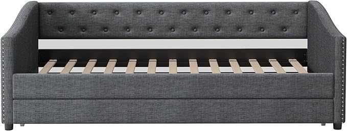 Twin Size Daybed with Trundle, Linen Upholstered Tufted Sofa Day Bed Frame with Button, Waved Shape Arms & Nailhead, Wooden Slats Support for Apartment,Bedroom - LeafyLoom
