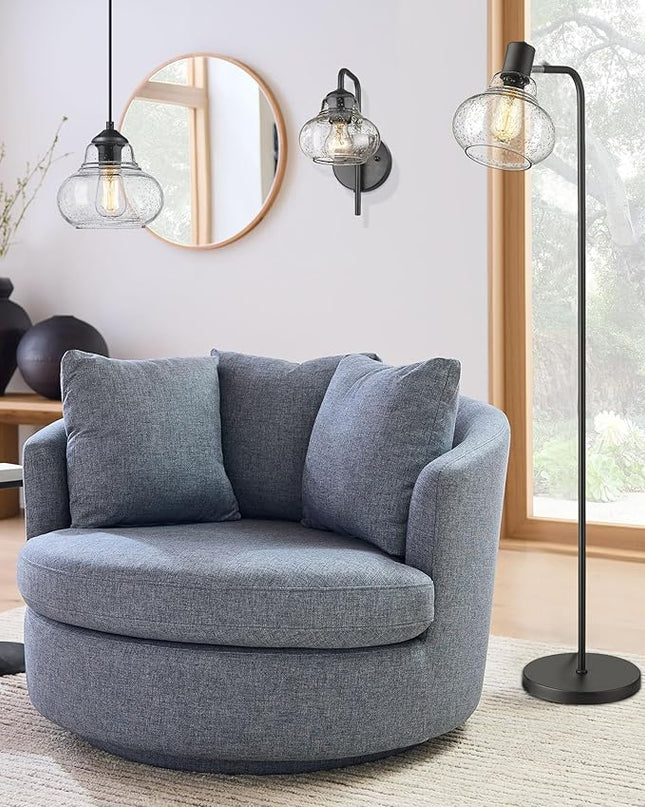 ELYONA Industrial Floor Lamp, Modern Standing Light with Handblown Seeded Bubble Glass Shade, Tall Pole Farmhouse Corner Light for Living Room Bedroom Office, Edison 6W Bulb Included, Black - LeafyLoom