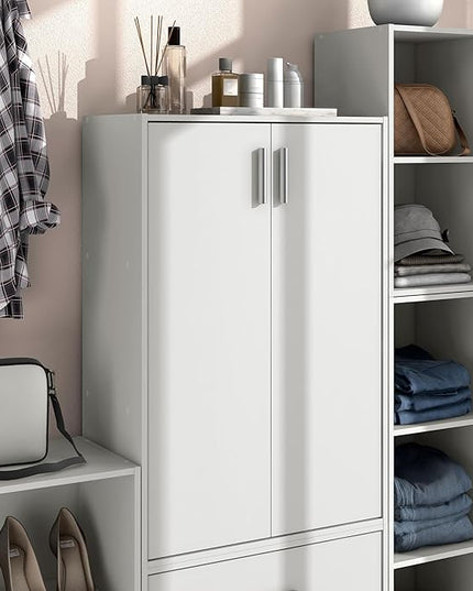 Apexa Stackable Wood Bookcase with Doors, Cube Storage Organizer Shelves, Small Food Pantry, Dorm Teen Room Decor & Bedroom, Home Office, Kitchen, 3-Tier Cabinet, White - LeafyLoom