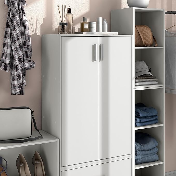 Apexa Stackable Wood Bookcase with Doors, Cube Storage Organizer Shelves, Small Food Pantry, Dorm Teen Room Decor & Bedroom, Home Office, Kitchen, 3-Tier Cabinet, White - LeafyLoom