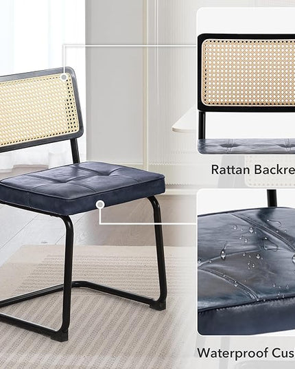 Rattan Dining Chairs Set of 2, Mid Century Modern PU Leather Dining Room Kitchen Chairs with Cane Back, Metal Chrome Legs, Upholstered Wicker Armless Accent Chairs, Blue - LeafyLoom