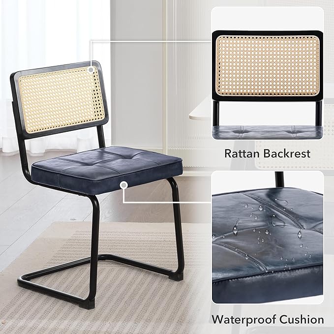 Rattan Dining Chairs Set of 2, Mid Century Modern PU Leather Dining Room Kitchen Chairs with Cane Back, Metal Chrome Legs, Upholstered Wicker Armless Accent Chairs, Blue - LeafyLoom