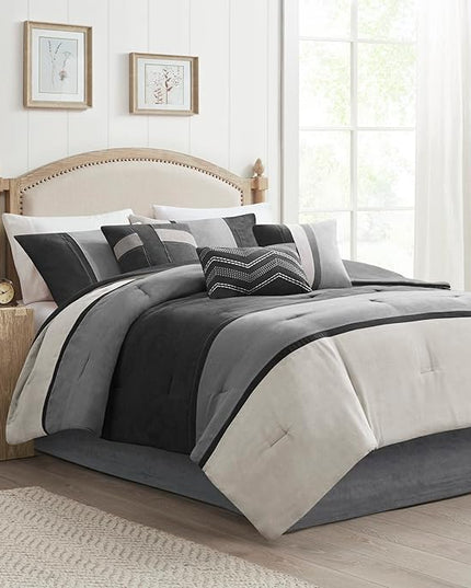 Madison Park Palisades Comforter Set Modern Faux Suede Pieced Stripe Design, All Season Down Alternative Cozy Bedding with Matching Shams, Decorative Pillows, Queen(90"x90"), Black 7 Piece - LeafyLoom