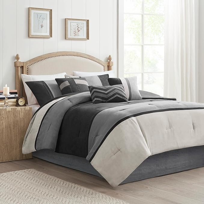 Madison Park Palisades Comforter Set Modern Faux Suede Pieced Stripe Design, All Season Down Alternative Cozy Bedding with Matching Shams, Decorative Pillows, King(104"x92"), Black 7 Piece - LeafyLoom