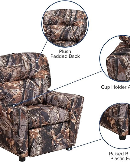Flash Furniture Chandler Vinyl Kids Recliner with Cup Holder and Safety Recline, Contemporary Reclining Chair for Kids, Supports up to 90 lbs., Camouflage - LeafyLoom
