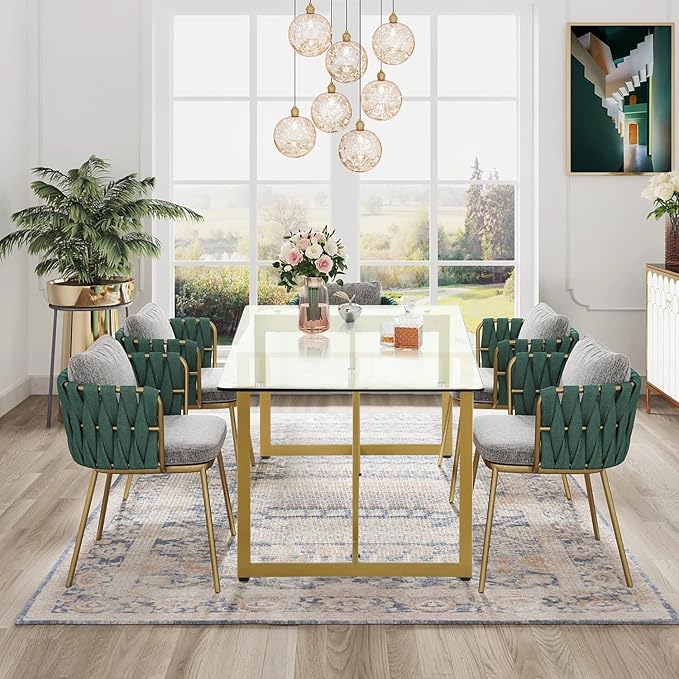 FurnitureR Tempered Glass Dining 47.2 inches Dinner Table for 4-6 Persons Modern Rectangular Spacious Tabletop & Gold Legs Elegant for Home Kitchen Living Room Restaurant, 47 Inches - LeafyLoom