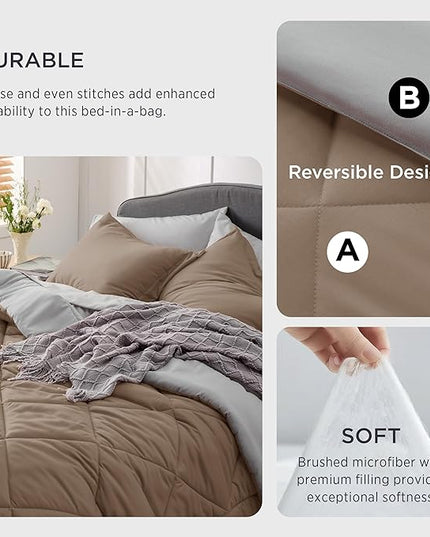 Bedsure Brown Twin Comforter Set - 5 Pieces Reversible Twin Bed in a Bag, Extra Long Twin Bed Set Brown and Grey with Comforters, Sheets, Pillowcase & Sham - LeafyLoom